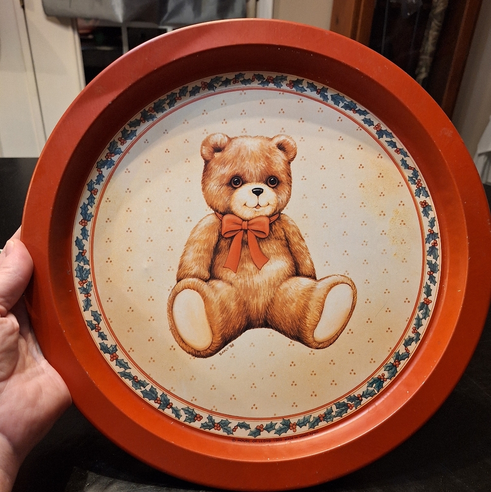Vintage 80s Christmas Teddy Bear Tin Tray